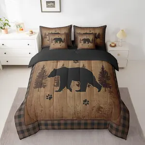 Feelyou 7-Piece Bear Comforter Set with Sheets, Wildlife Inspired Rustic Cabin Lodge Farmhouse Brown Buffalo Check Bed in a Bag Bedding Set