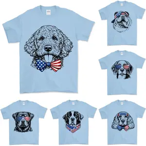 Puppy Love Dog T- Shirt showcasing 50 dog breeds in 4th of July Graphic, Light Blue, Cute Puppy Independence Day Shirt for Dog Lovers, printed on a cozy Gildan unisex T Shirt for pet lovers