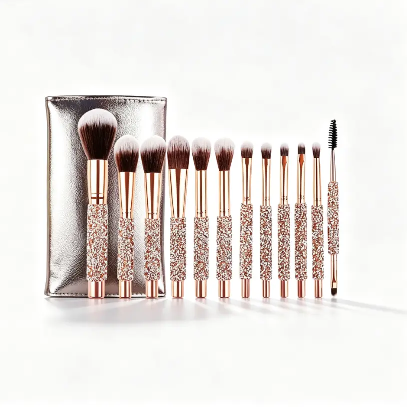 10Pcs Bling Rhinestone Makeup Brush Set, Rose Gold Sparkly Handle Soft Synthetic Bristles Cosmetic Brushes Kit With Silver Storage Bag For Face & Eye Makeup