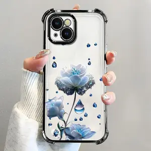 For [iPhone 15] luxury women's phone case🥰, electroplated four-corner shockproof protection, crystal clear blue flower with water drop design, sophisticated and eye-catching666
