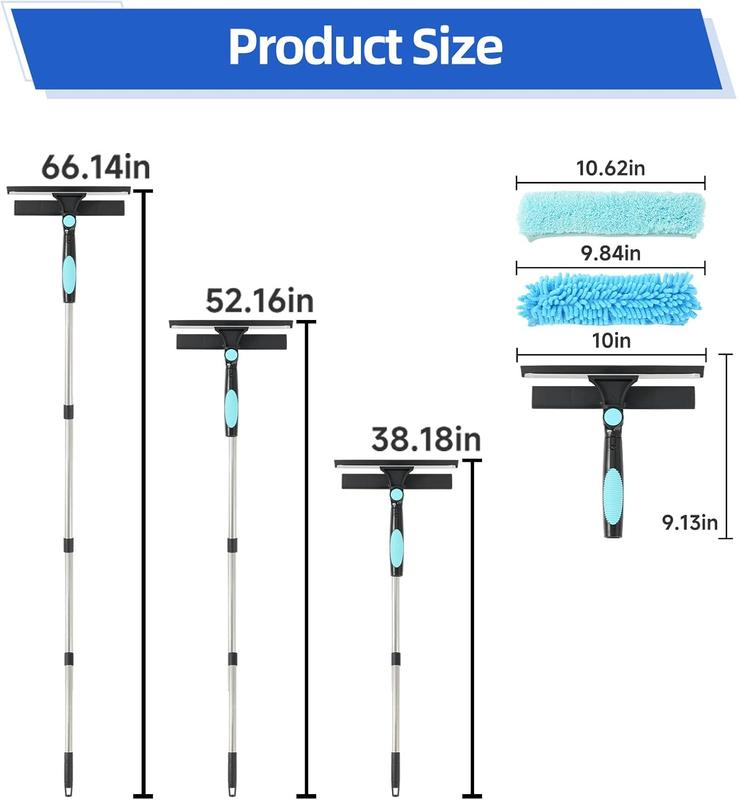 65'' Window Washing Kit with Extension Pole, 2-in-1 Window Cleaning Kit with Scrubber and Rotating Head, Window Cleaner Tool for Shower Rooms, Glass, Floors, Car Windshields Window Squeegee Cleaner Tool with Extension Pole: 2-in-1 Window Cleaning Kit