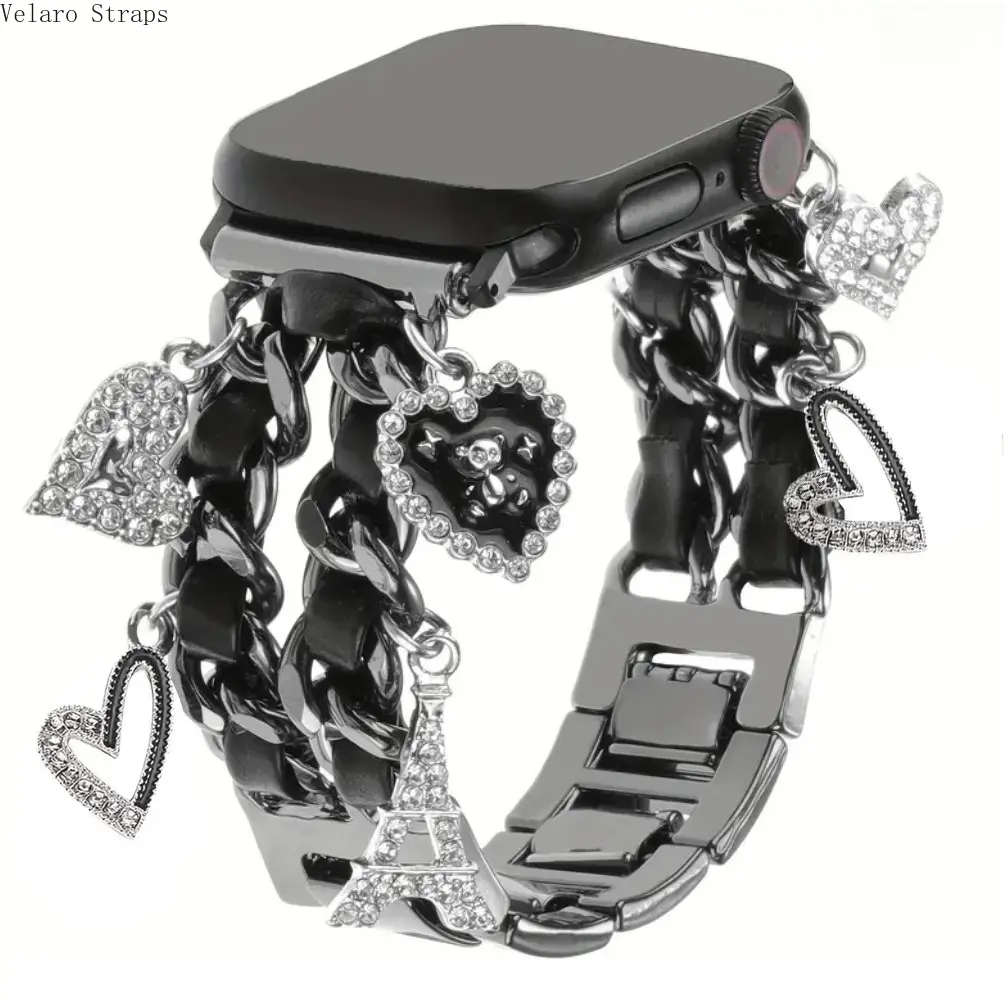Heart & Rhinestone Charm Double Chain Watch Strap, Fashion Leather-Wrapped Band for Apple Watch All Series Ultra SE 1-9