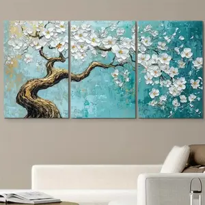 3pcs Modern Minimalism Hand Drawn 3D Relief Cherry Blossom Tree Canvas Decorative Painting Living Room Hanging Painting