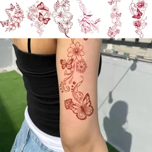 6-Sheet Large Temporary Tattoos For Women Girls Red Sketch Flower Butterfly Rose Snake LeavesWaterproof Tattoo Stickers, Sexy Flower Branch ArmClavicle Neck Leg Tattoo Art For Adults Floral