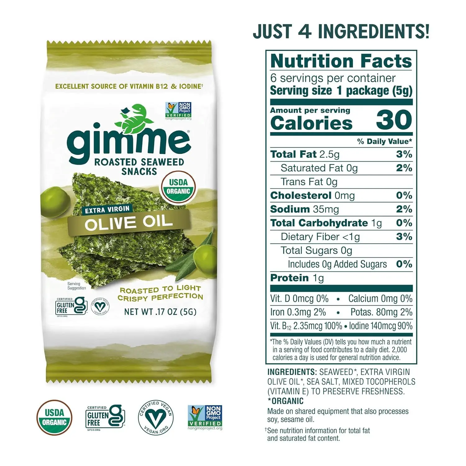 Gimme 6 CT Sea Salt Organic Roasted Seaweed Snacks, 5g, 0.17oz Gimme 6 CT Sea Salt Organic Roasted Seaweed Snacks, 5g, 0.17oz