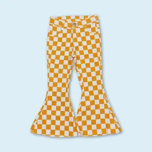Yellow checkered bell bottoms jeans baby girls denim pants