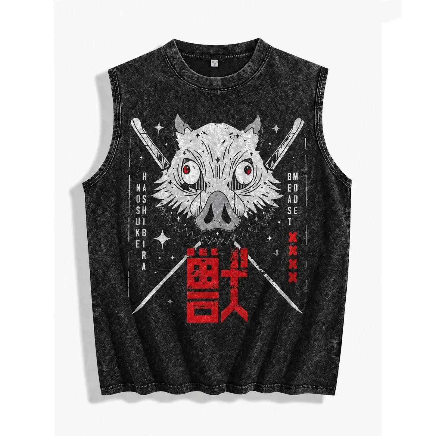 Anime Boar Mask Samurai Tank Top Men Vintage Washed Sleeveless Shirt Dual Blade Warrior Graphic Tee Japanese Streetwear Y2K Gym Oversized boys merch everyday clothes outdoorfun short-sleeved t-shirt cottontees Casual Crewneck Fashion Menswear Aesthetic
