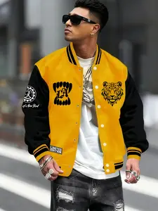 2026 New Men's Sporty Casual Baseball Jacket, Geometric Print, Five Colors, Button Closure, All Season, Stretchy, Warm, Ideal for Outdoor Activities