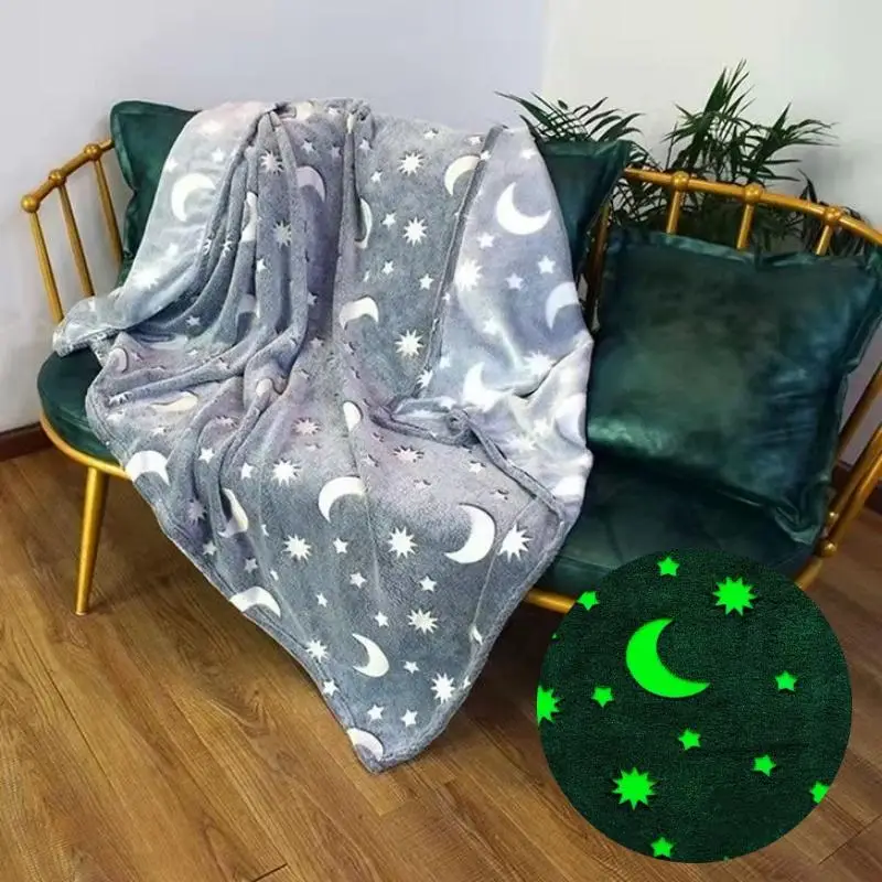 Moon & Star Print Luminous Flannel Blankets, 1 Count Glow in The Dark Soft Throw Blanket, Soft Comfortable Napping Blankets, Warm Rest Blanket for Hom
