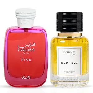 Hawas Pink Eau de Parfum Spray 100ml by Rasasi & Baklava Extrait de Parfum Spray 100ml by Azha | Sweet. Bold. Timeless. (Bundle)