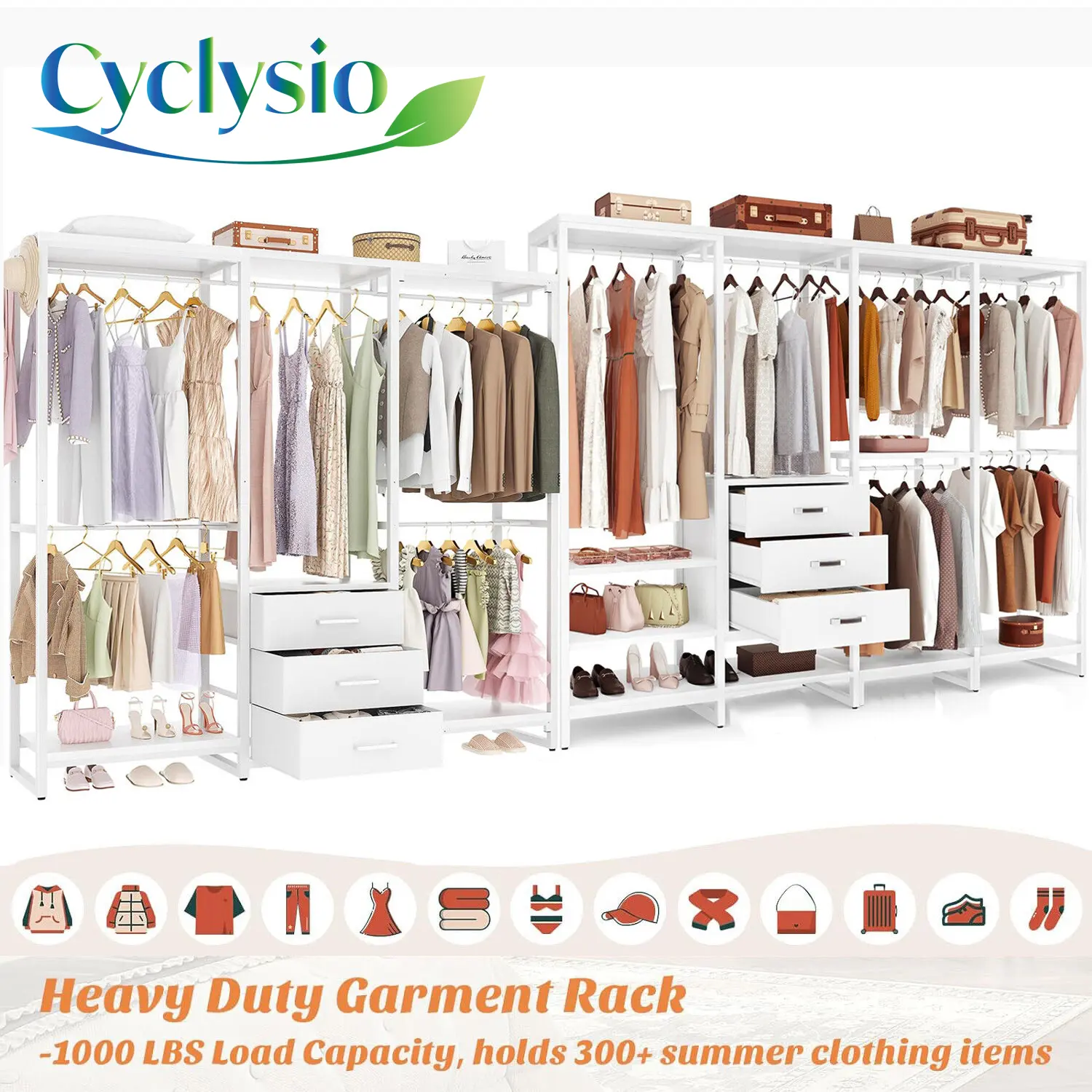 Cyclysio Large Walk-in Heavy-Duty Wood Freestanding Portable Wardrobe - Assembled Pieces Long Modern Lightwood Multi-Compartment Storage Closet System Organizer with 3 Drawers, Pure White, Assembled Pieces Wardrobes, Freestanding Portable Wardrobes