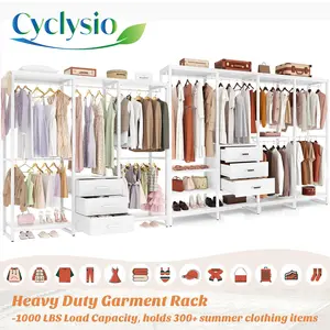 Cyclysio Large Walk-in Closet System Organizers, Heavy Duty Wood Garment Rack Clothes Rack Wooden Wardrobe Closet with 3 Drawers, Pure White