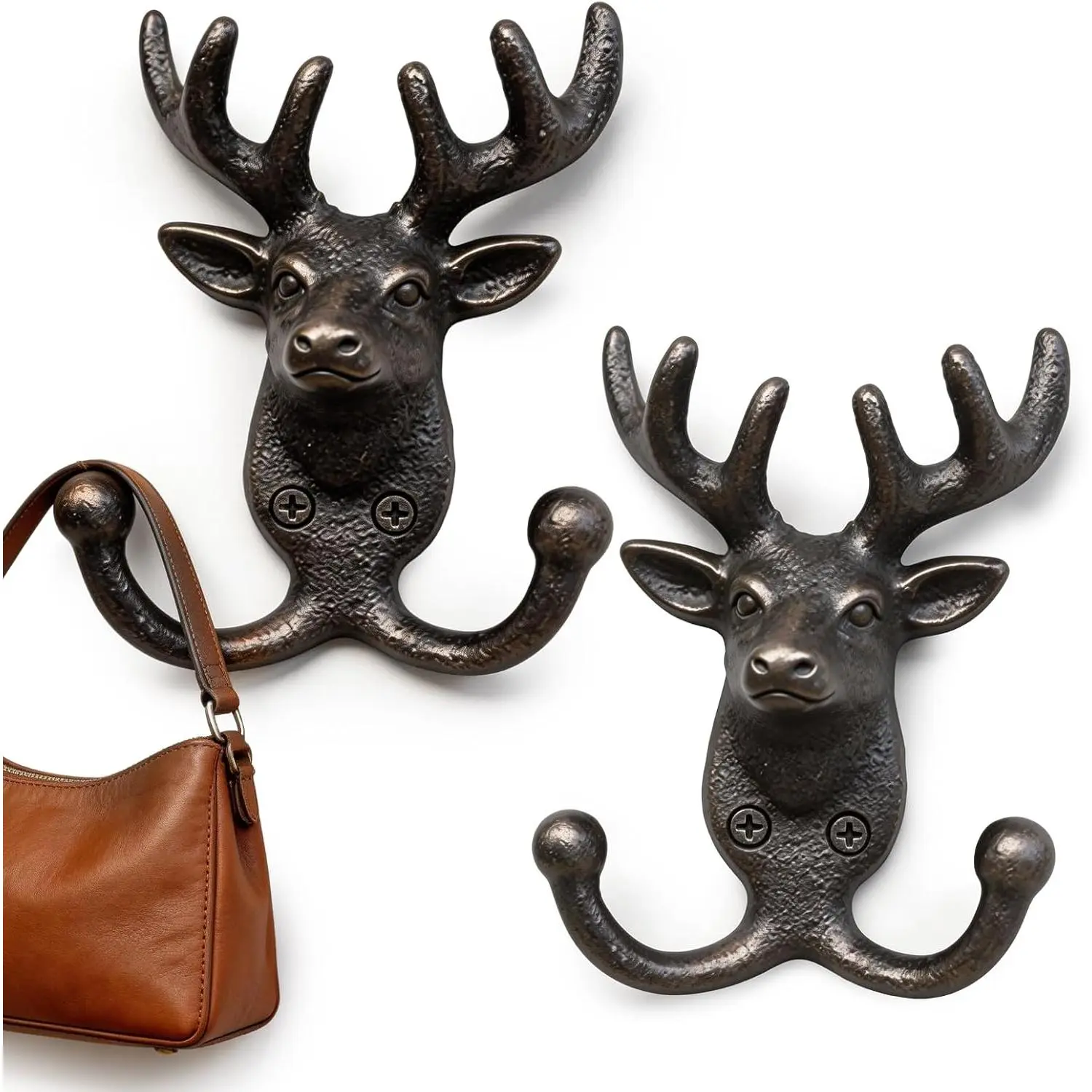 2 Pack Deer Head Cast Iron Wall Hooks, Rustic Coat Hooks, Farmhouse Wall Mounted Hooks for Coats, Hats, Keys, Towels, Vintage Home Decor