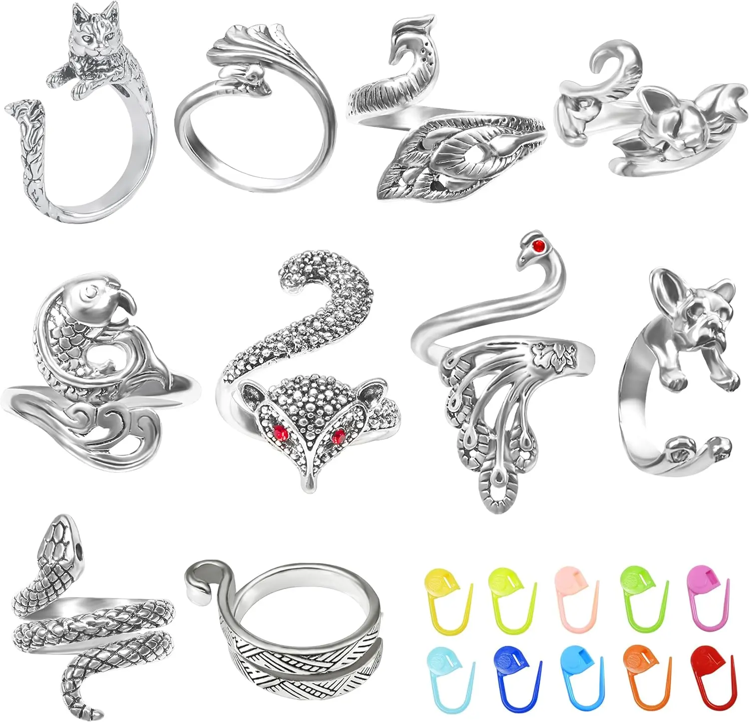 10 count Crochet Rings Crochet Tension Rings for Finger Crocheting Knitting Adjustable Yarn Guide Rings Crochet Accessories and 10 count Stitch Marks with Plastic Box for DIY Craft