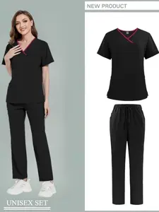 Nurse Uniform Pet Hospital Beauty SPA Uniform Scrub Nursing Healthcare Scrubs Set Women Gown Top+pants Suit Wholesale  Black