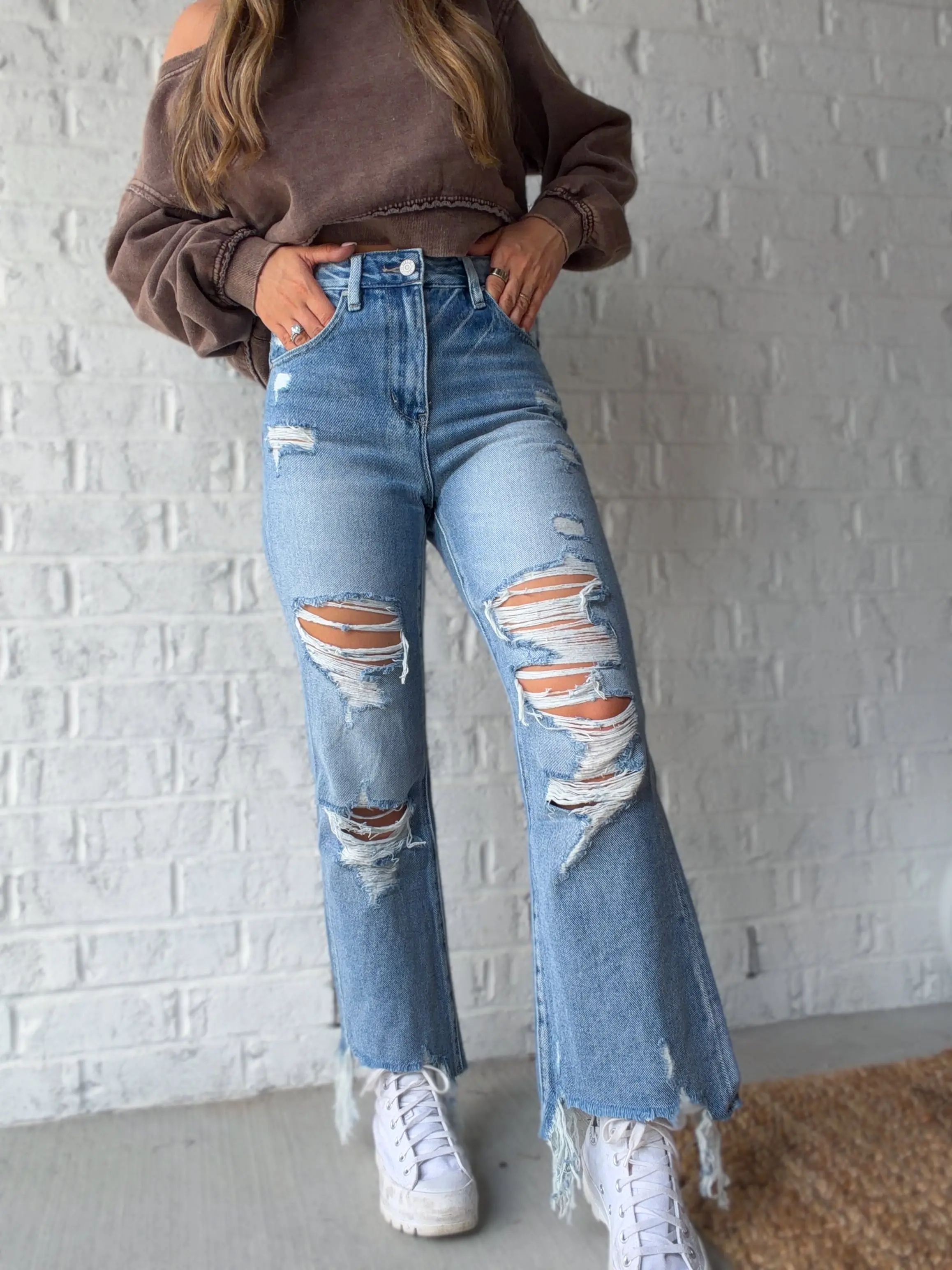Brisa Distressed Cropped Flare Jeans Brisa Distressed Cropped Flare Jeans