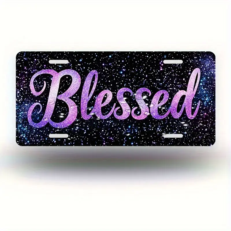 Blessed Starry Night Purple Aluminum License Plate 6x12 Inch Fit Vibrant Purple Black Cosmic Design with