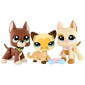 3PCS LPS Pet Figures Set - Great Dane Dogs & Short Hair Cat with Accessories, Cute Bobble Head Mini Animal Collectible Toys with Collar, Scarf & Bone, Gift for Kids & LPS Collectors