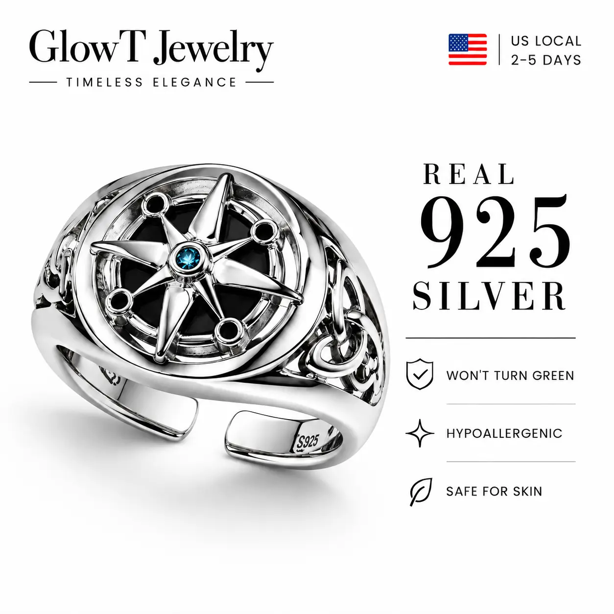 925 sterling silver compass star ring with nautical gothic vintage inspired design blue crystal accent sculptural statement style for men women and travelers for everyday outfits biker looks concerts festivals birthdays and meaningful adventure gifts