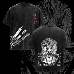 Zoro "Three Sword Style" One Piece Washed Oversized T-shirt | Vintage Anime Graphic Double Printed Tee | Heavyweight Cotton Manga Streetwear | Otaku Fashion Top for Pirate Hunter Fans