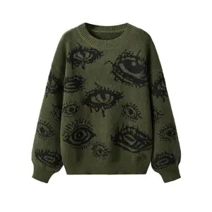 Men’s eye-print drop-shoulder sweater, loose casual long-sleeve crewneck jumper for autumn and winter, fashionable men’s knitwear for everyday wear