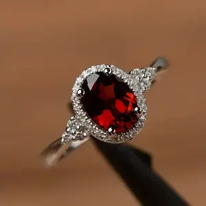 Sterling Silver Ruby Red Halo Ring for Women Oval CZ Cocktail Ring