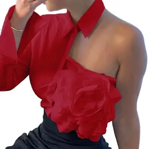 Women's Red Flower Half Top - Stylish and Unique Design