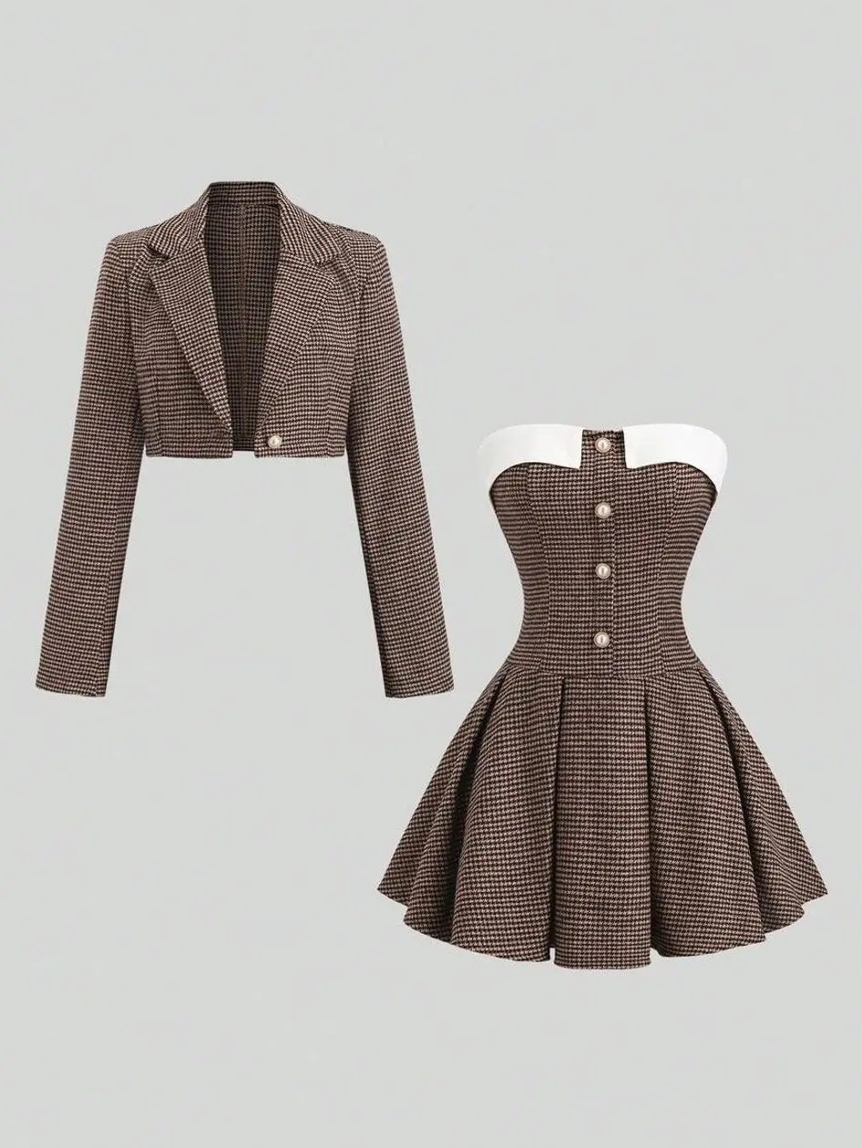 💖 Women's Office Dress Set, Vintage Plaid Blazer And Strapless Pleated Dress For Commuting, Dates And Formal Events.