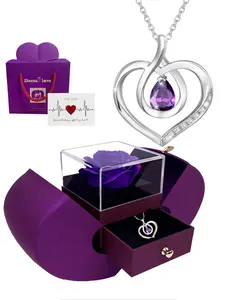 Eternal Love Preserved Flower Gift Set, Apple Shape Preserved Flower Box, Dual Heart Amethyst Zircon Necklace, Mother's Day Gift
