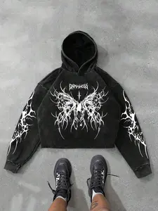 Vintage Dark Thorns Butterfly Print Hooded Sweatshirt, Loose-Fitting Casual Style for Fall & Winter, Trendy Streetwear Cotton Hoodie