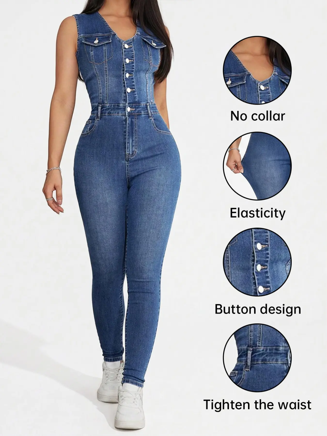 Women's Sleeveless Denim Jumpsuit, Summer Essential, American Style High Waist Elastic Butt Lifting Skinny Fitted Jumpsuit, Streetwear, Casual Outing, Music Festival