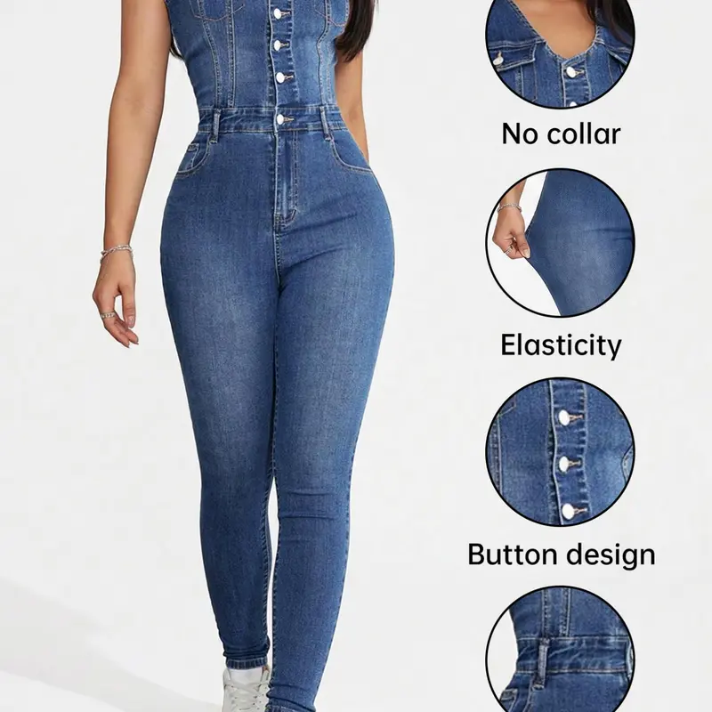 Women's Sleeveless Denim Overall Jumpsuit, Summer Essential, American Style High Waist Elastic Butt-Lifting Skinny Fit, Streetwear for Casual Outing and Music Festival