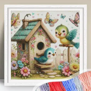 House Pattern Cross Stitch Kit, 11CT Cross Stitch Printed Canvas Bird Decor, DIY Cross Stitch Kit for Beginners, DIY Embroidery Kit, Needle Crafts Kit