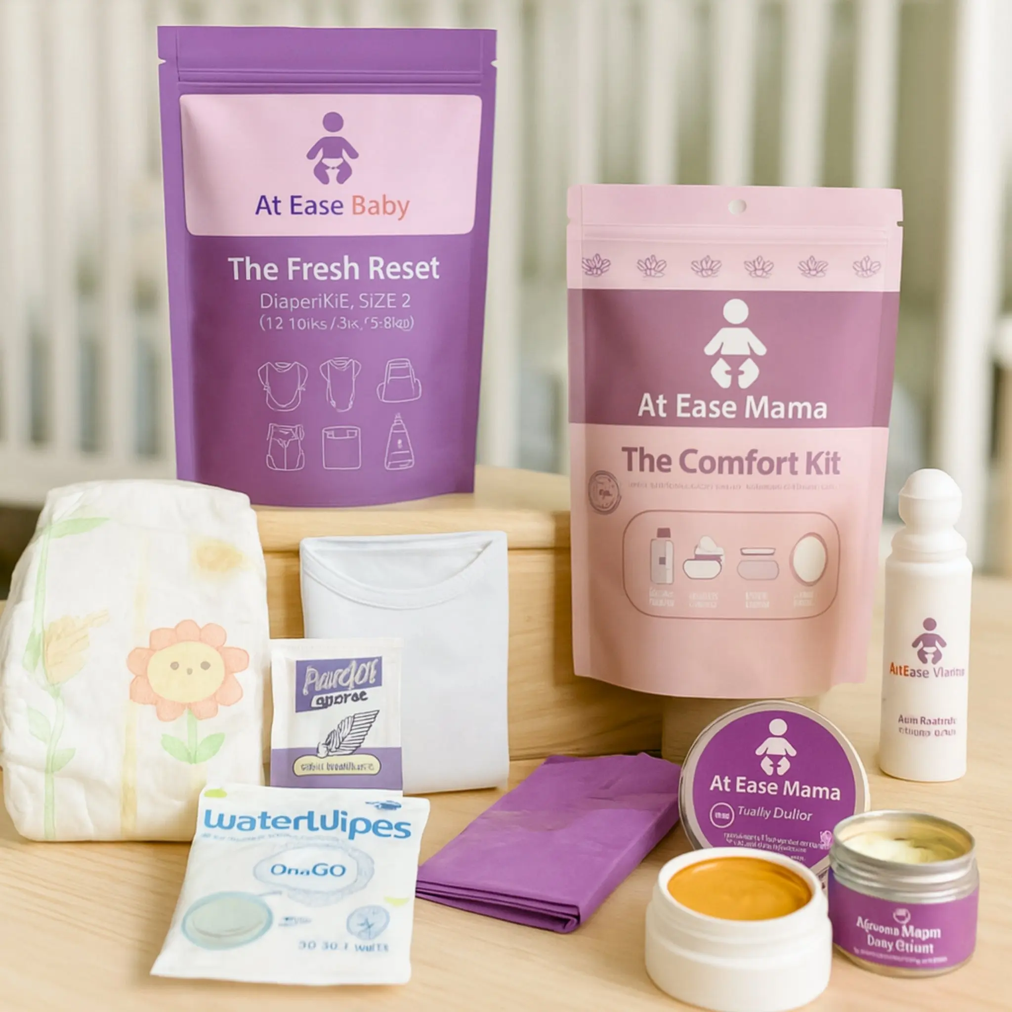 At Ease Baby The On-the-Go Survival Bundle - Fresh Reset & Mom Comfort Kits for Real-Life Parenting - Lightweight, Stylish, and Ready-to-Grab System