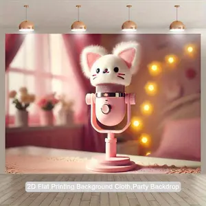 1pc Cute Pink Bunny Ear microphone Photography Background - Pastel Birthday Party Decorations, Studio Props, Indoor/Outdoor Banner - No Electricity Needed, Easy Hang Setup for Girls, Teens, Adults - Birthday, Anniversary, Photo Shoot Decoration,