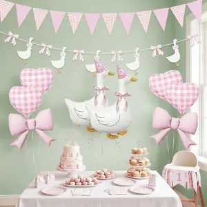 Pink Gingham One Silly Goose Birthday Decorations - Coquette Bow & Vintage Goose Party Kit with Foil Balloons, Heart Checkered Hearts, Goose Banners and Party Hats for Girl’s 1st Birthday, Baby Shower