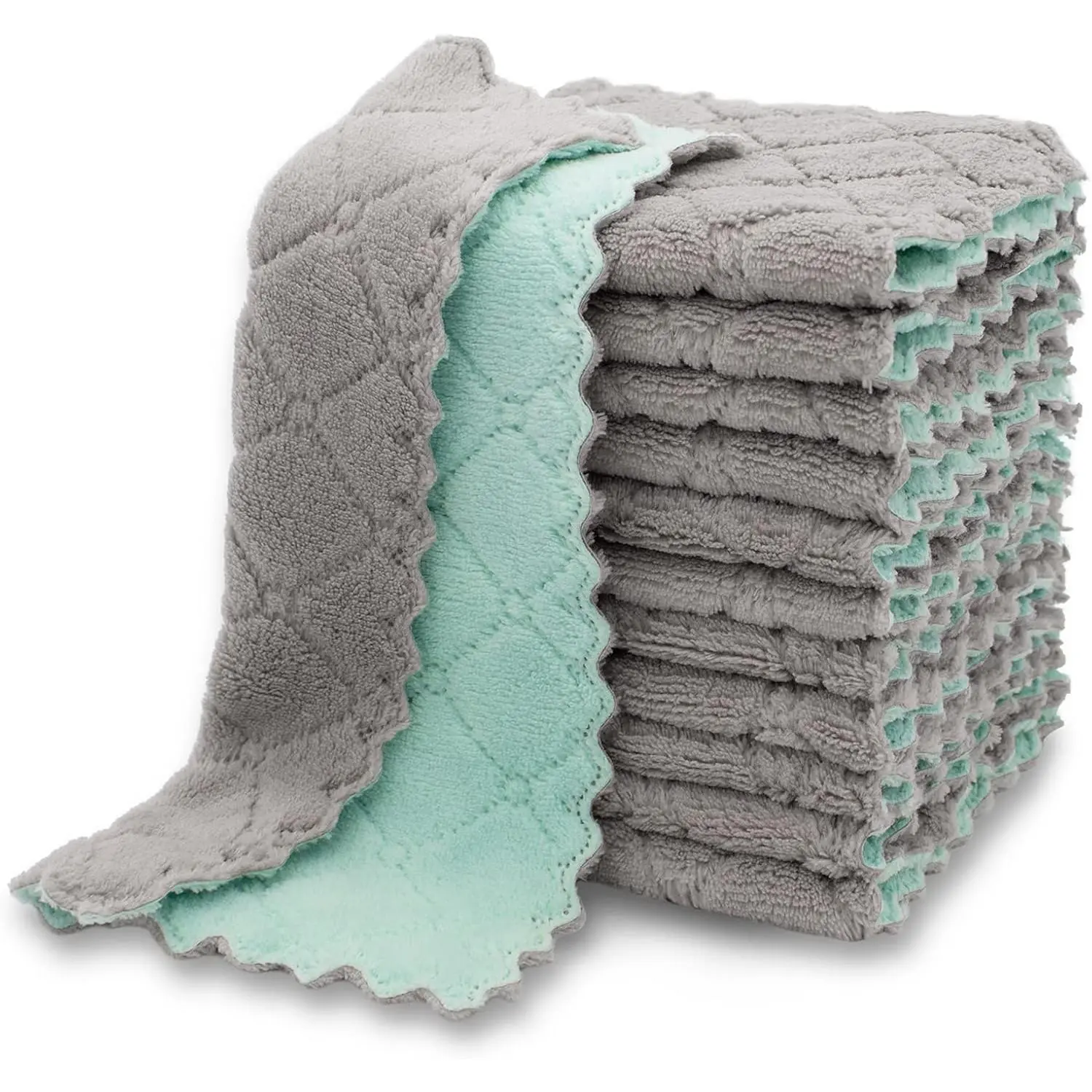 12 Pack Kitchen Cloth Dish Towels, Premium Dishcloths, Super Absorbent Coral Velvet Dishtowels, Nonstick Oil Washable Fast Drying (Green-Grey)