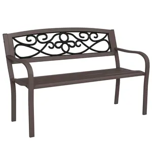50" Outdoor Bench 2 Seat Cast Steel Bench For Poolside Or Courtyard 47.6 Inch Wide Seat With Floral Backrest Assembly Required Brown