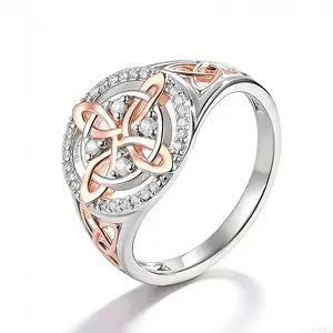 Veliora Gift Sterling Silver Rose Gold Plated Celtic Knot Ring, Anillo Nudo de Bruja Plata Original Witch Knot Jewelry, Cubic Zirconia Decorated Witches Knot Ring, Witchtok Witch Jewerly Pagan Jewelry for Devotion for Protection