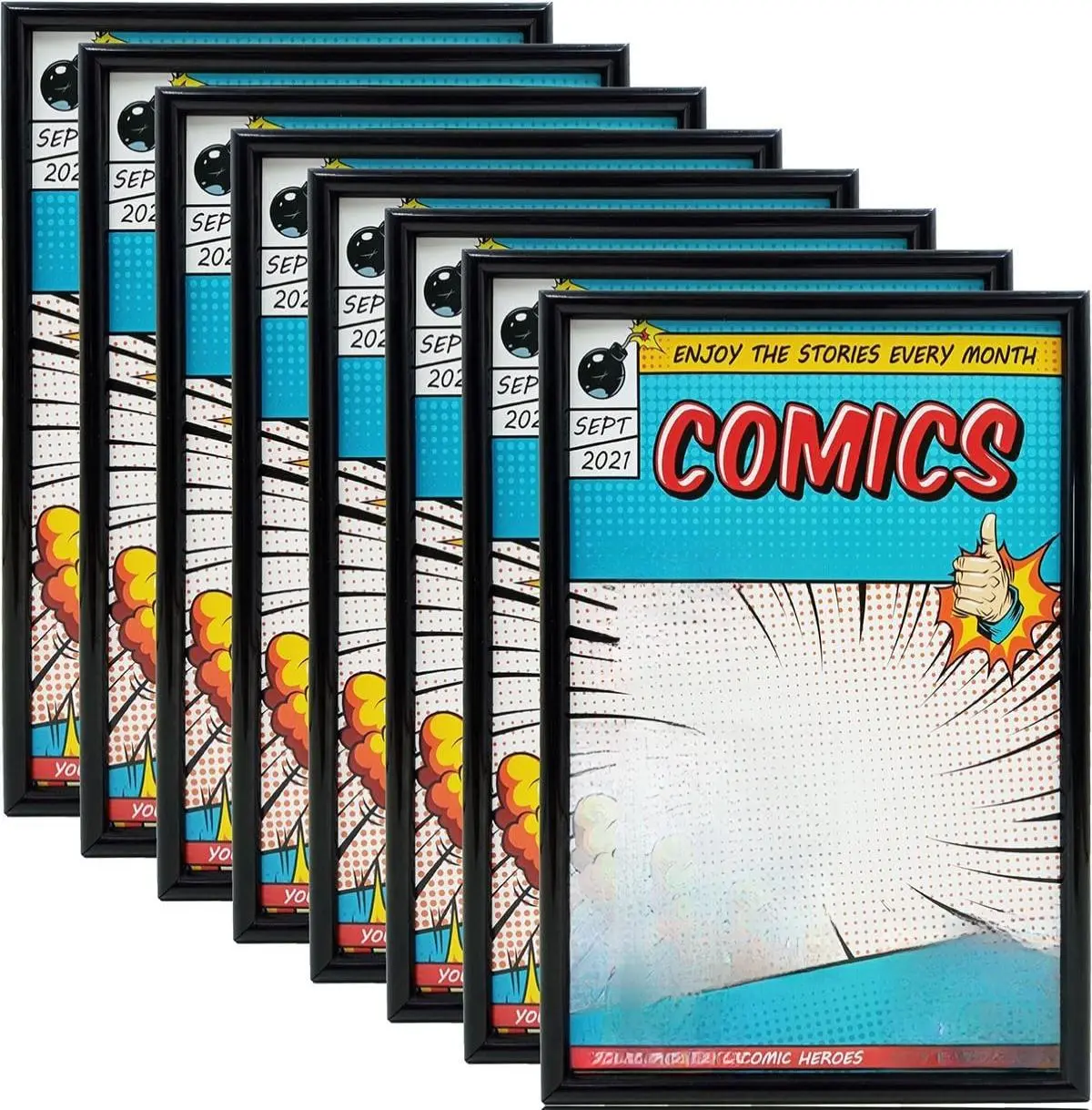 Comic Book Frame, 8 Pack, Ultraviolet UV Protection, Fits Current Comics up to 6 3/4" x 10 1/4", Wall or Tabletop Display,Spring Clips for Thicker Comics as Well (Black, 8)