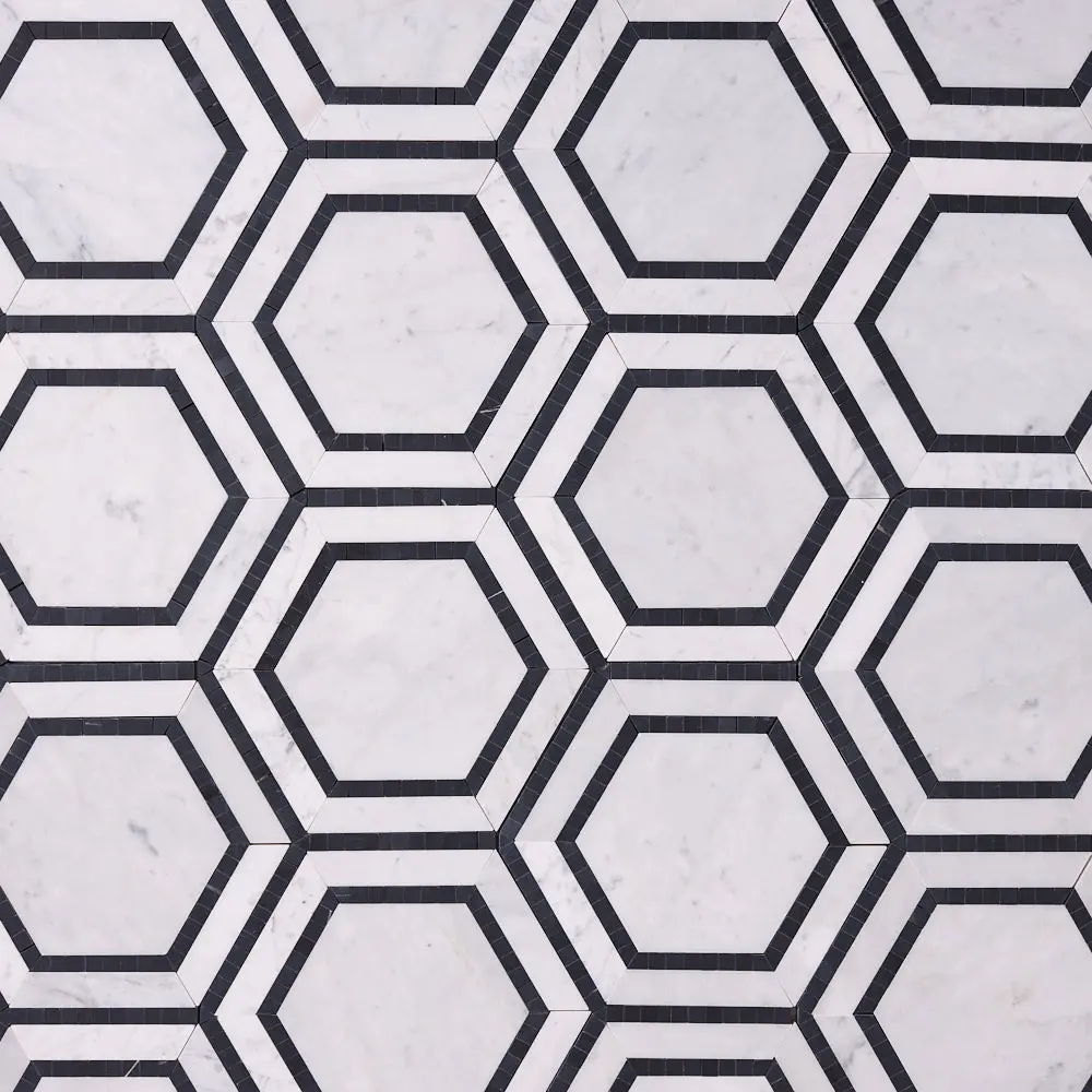 Carrara White 8x9 Milano Hexagon w/Black Marble Mosaic Sample