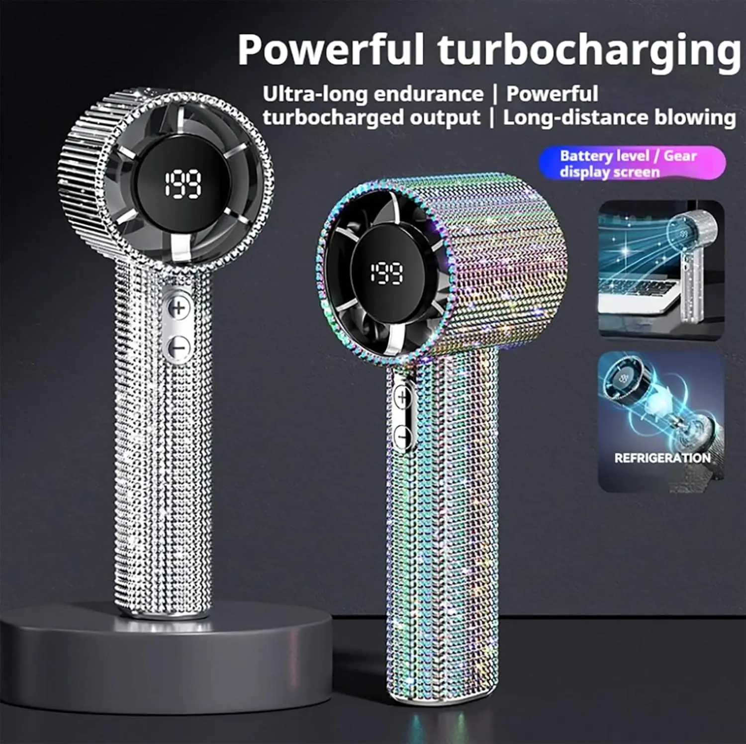 Portable cooling fan, handheld turbofan, mini fan, rechargeable fan, 3 wind speeds, fast cooling in summer, with 199 digital displays, very suitable for outdoor activities, concerts, travel, camping, office use, essential for summer travel