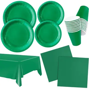 Solid Color Green Party Paper Plates Napkins and Cups Set Disposable Table Cover Serve 25 for Everyday Tableware