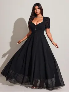 Plus Size Women's Button Decor Sexy Chic Elegance Fashion Short Sleeve Mid-Length Fitted Bodycon Dress, Comfortable Fabric for Casual and Party Wear