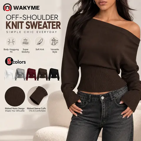 Women's Off Shoulder Knit Sweater, Loose Fit One Shoulder Pullover Top, Stylish Cozy Long Sleeve Sweater for Fall & Winter
