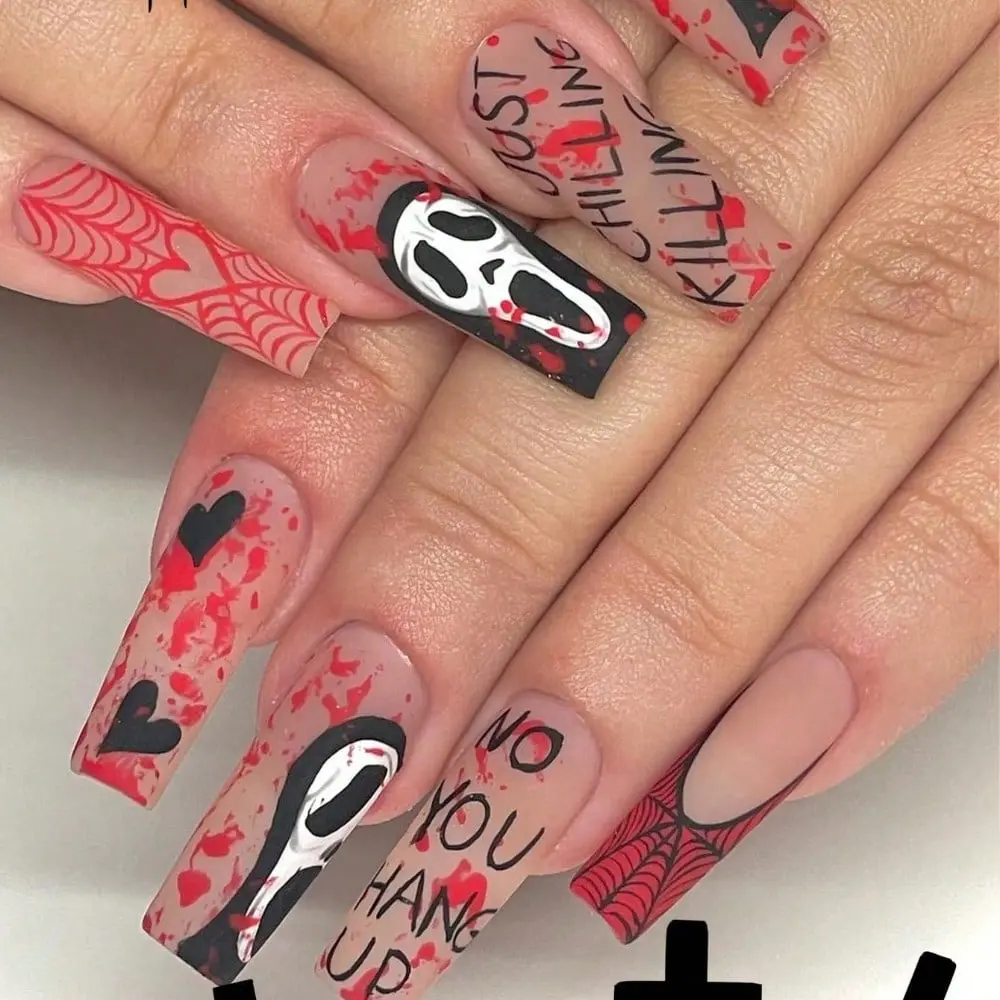 24pcs Halloween Nail Art Set, Long Square Fake Nails Decorative Nails with Ghost Heart Letter Spider Web Design, Matte Finish for Women Girls, Nail Art Diy, Nail Art Supplies, Nail Art Products