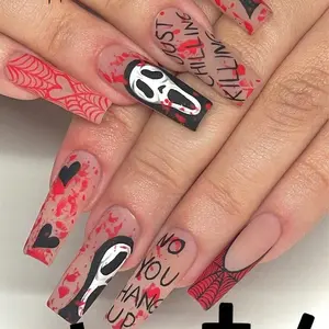 24pcs Halloween Nail Art Set, Long Square Fake Nails with Ghost Heart Letter Spider Web Design, Matte Finish for Women Girls, Nail Art Diy, Nail Art Supplies