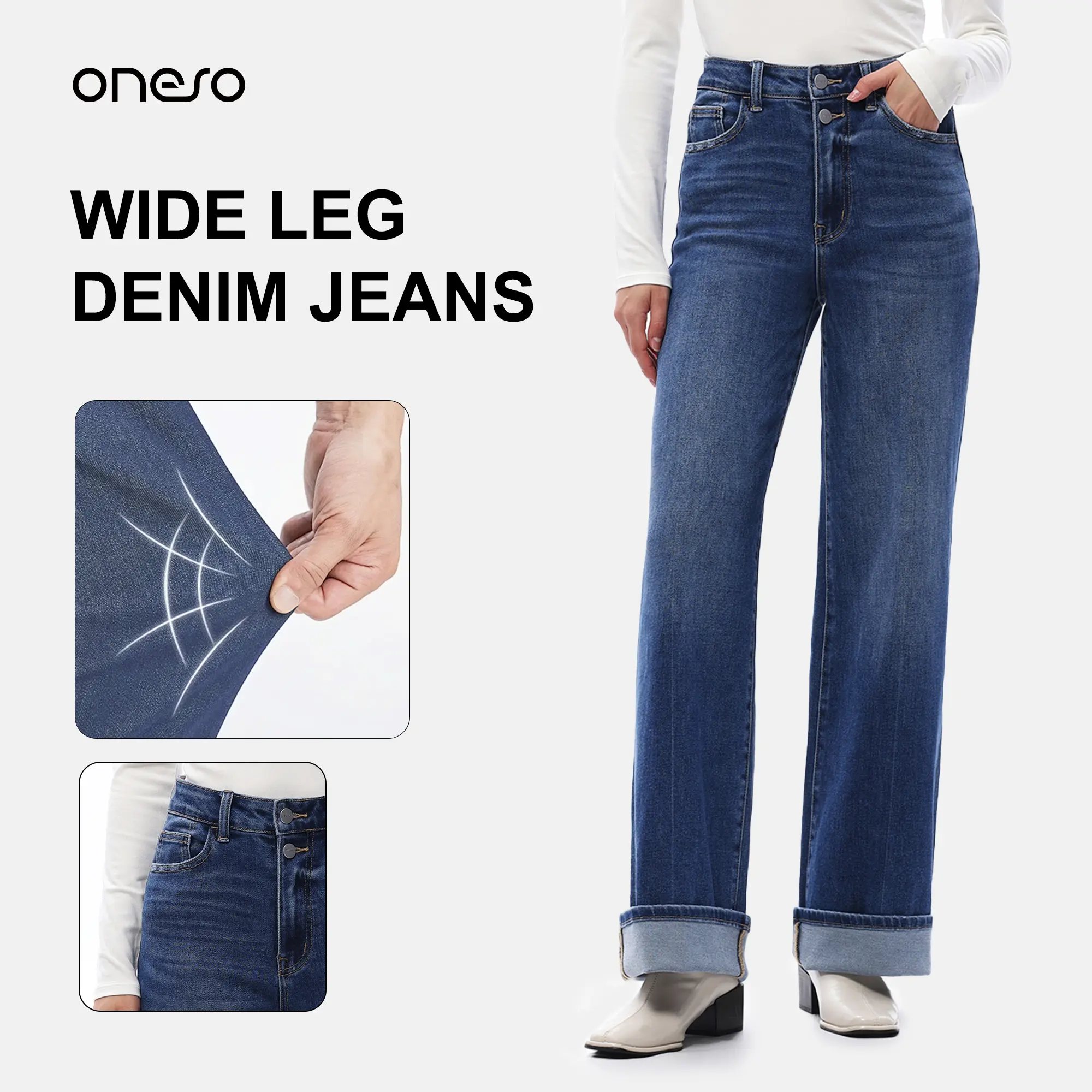 ONESO High Stretchy Wide Leg Denim Jeans Cuffed Opening Design Dark Blue Wash Streetwear Women Bottom classical Womenswear Trousers #SummerVibes