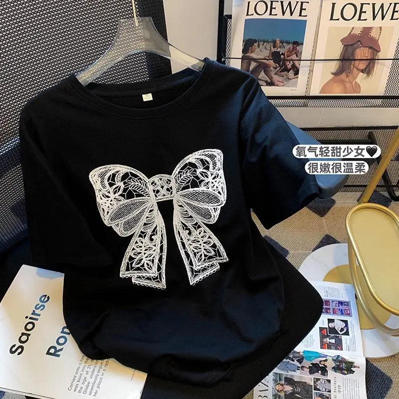 Loose short-sleeved T-shirt for ladies and printed collar shirt