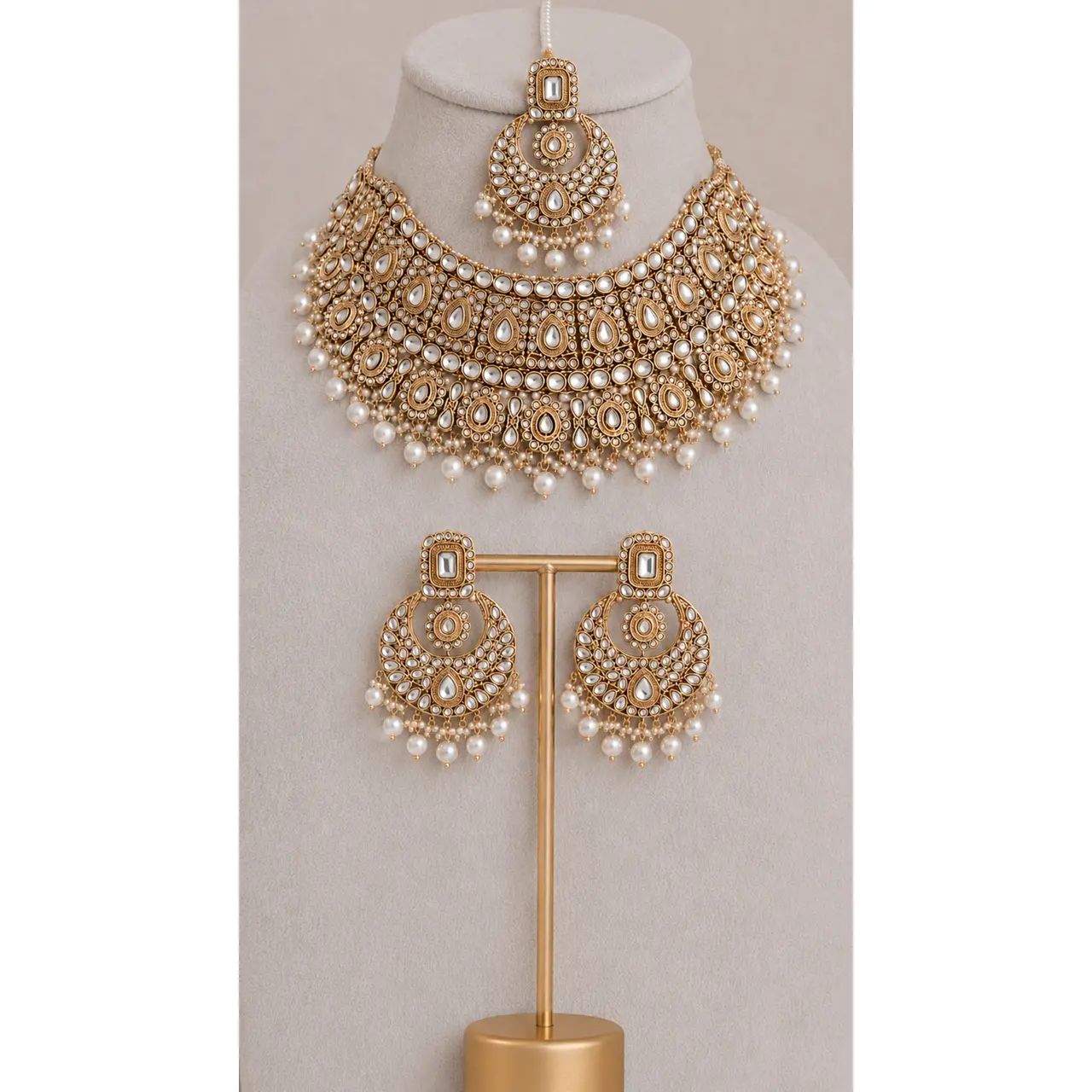 Gold-Plated Jewelry Set with Heeramandi Inspired Maang Tikka and Elegant Hook Earrings - Affordable Costume Fashion for Women, Affordable Fashion, Cherished Piece, Women's Fashion, Traditional